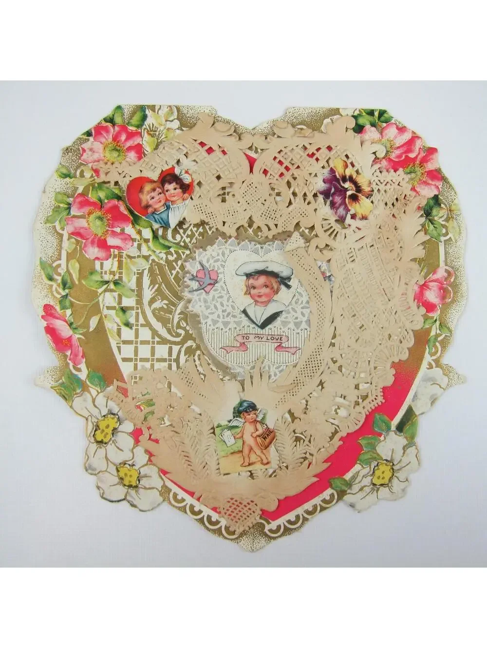 Antique Valentine Die cut Heart LARGE Boy Sailor Angel Girl Fishing UNSIGNED